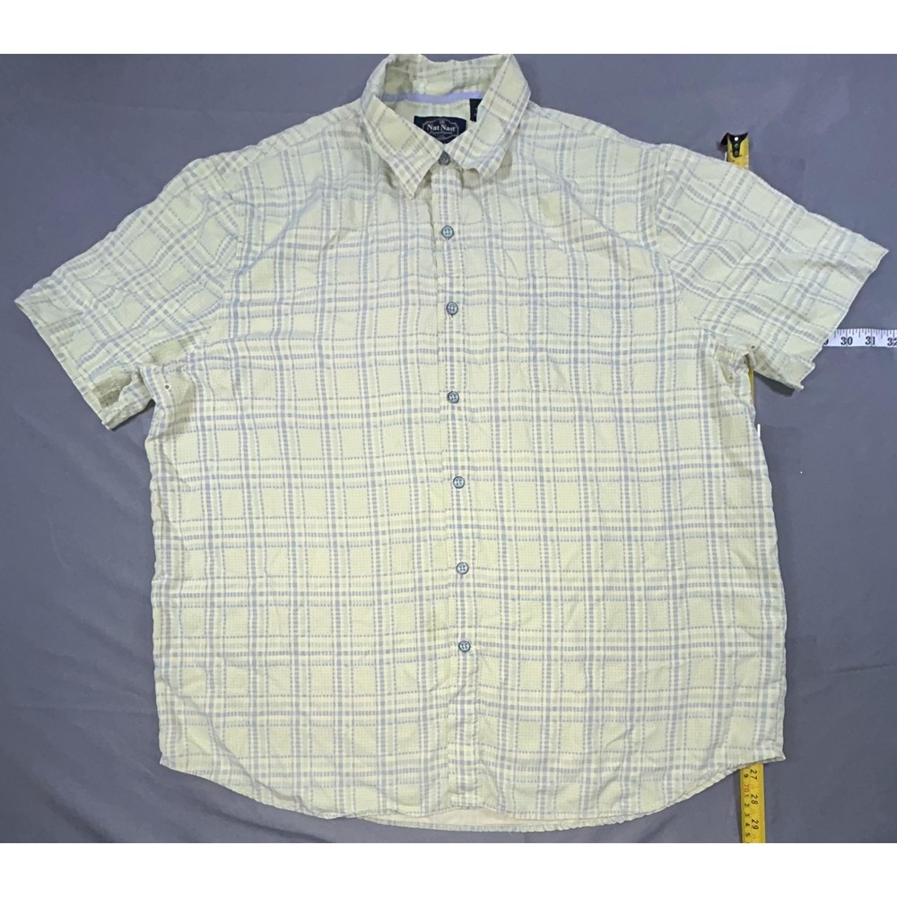 Nat Nast Shirt Mens XL Yellow Plaid Silk Woven Short Sleeve Button Up Casual